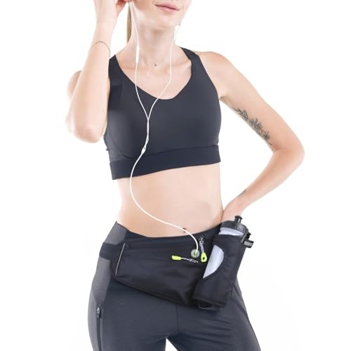 Water Bottle Waist Pack 2 Zippered Pockets – Reflective Running Belt for Hiking Cycling, Adjustable Breathable Mesh with Earphone Port(Black) - color: Black