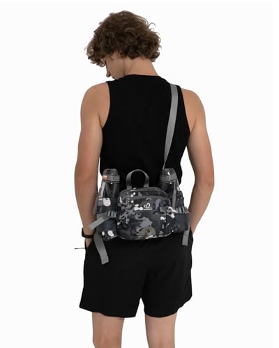 WATERFLY Fanny Pack Waist Bag: Fannie Pack 2 Water Bottle Holders Lumbar Belt Hiking Walking Running Jogging Camping Large Woman Man (Bottle Not Included) - color: Camouflage Black