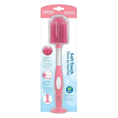 Dr. Brown's Soft Touch No Scratch Baby Bottle Cleaning Brush Nipple Cleaner with Stand and Storage Clip, BPA Free, Pink (Pack of 2) - style: 2 Pack, Pink
