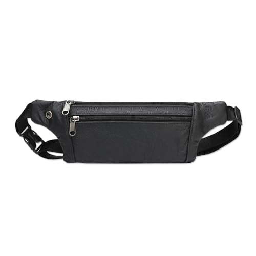 Leather Belt Bag,Black Belt Bag Mens Fanny Pack Crossbody 3-Zipper Pockets Phone Bag Fits All Phones Wallet Keys, Casual Hands-Free Waist Pack For Travel Workout Running Gifts