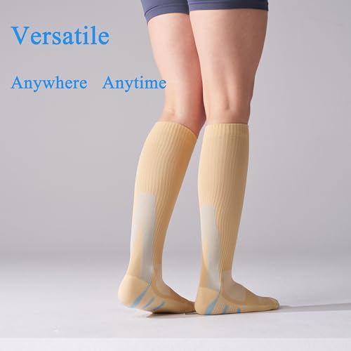 4 Pairs 20-30mmHg Compression Socks for Women Knee High Flying - color: Beige Mix, size: Large-X-Large