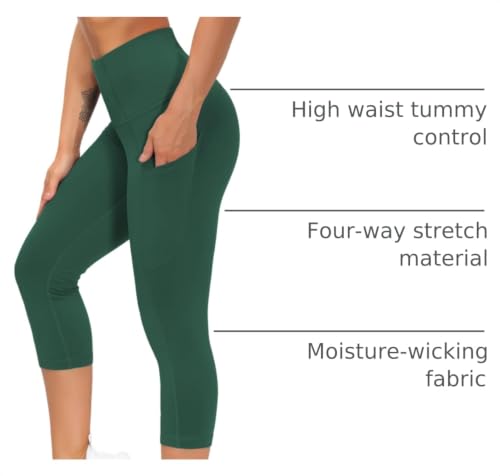 THE GYM PEOPLE Women's Thick High Waist Capris Yoga Pants Workout Leggings - color: Dark Green, size: Small