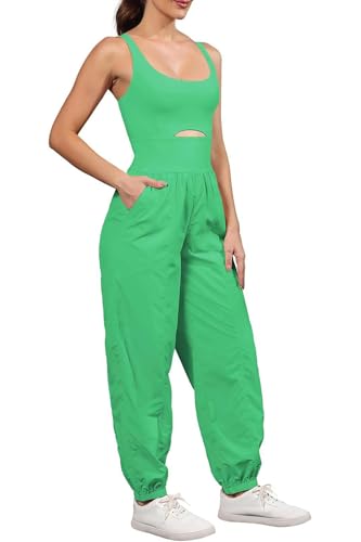 ReachMe Womens Running Onesie Athletic Romper Pants Hiking Outfits One Piece Workout Jumpsuits with Pockets - color: Lime Green, size: X-Small