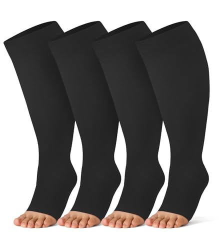 Breslatte Bamboo Viscose Wide Calf Compression Socks Open Toe for Women Men Plus Size Toeless 10-14 mmHg Circulation - color: 4p1 4black, size: 3X-Large-4X-Large Plus