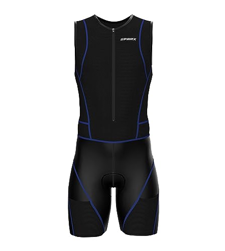 Sparx Men Competitor Triathlon Suit Mens Trisuits | Italian Technical Fabric | Soft Chamois | 4 Pockets | Bike-Swim-Run - color: Blue Seams, size: XX-Large
