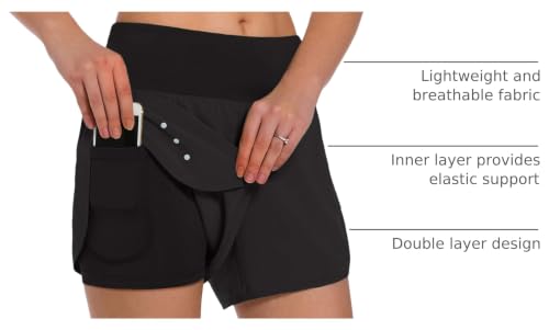 Ksmien Women's 2 in 1 Running Shorts with Liner Phone Pockets - color: Black, size: Medium