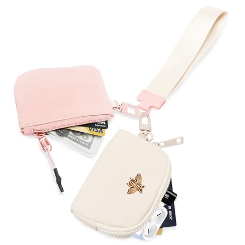 COOLANS Mini Wristlet Wallets Dual Pouch,Around Wristlet Handbag Wallet for Women Zip Cards Holder,Wristlet Bracelet Purse - color: Pink&white