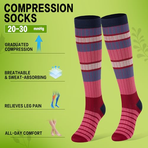 6 Pairs 20-30 mmHg Knee High Compression Socks, Unisex, Running, Travel - color: Color Stripe, size: Small-Medium