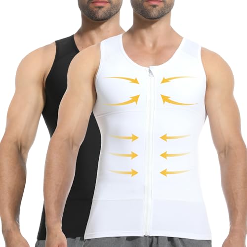 Mens Compression Shirt Zipper, Gynecomastia Tummy Control Vest, Back Support Shapewear Slimming Undershirt - color: Black+white, size: Large