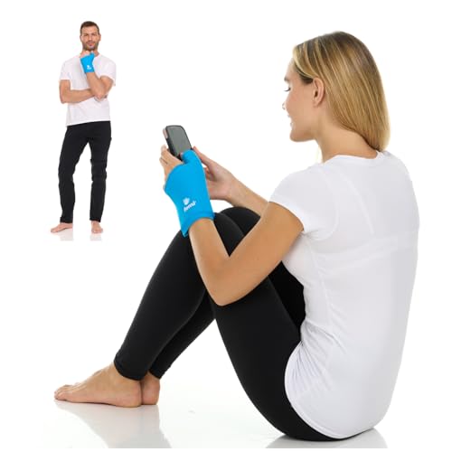 FOMI Wrist Solid Gel Ice Pack | Hot Cold Hand and Thumb Compression Sleeve Wrap for Carpel Tunnel, Arthritis, Tendonitis, Bruises, Swelling, Sports Injuries Pain Relief (Blue - Large/XLarge) - color: Blue - Large/Xlarge