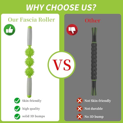 Fascia Muscle Roller, Cellulite Massager Fascia Roller for Cellulite and Sore Muscles, Neck, Leg, Back, Pressure Trigger Point Body Roller Deep Tissue Massage Stick Tools - 3 Massage Balls - color: Peak Green