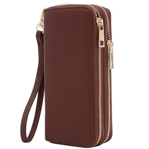 FashionPuzzle Double Zip Around PU Leather Wristlet Cell Phone Wallet - color: Coffee