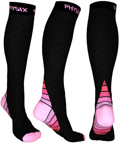 Physix Gear Compression Socks 20-30 mmHg - Men & Women - Running, Nurses, Shin Splints, Flight, Travel - color: Black/Pink, size: Small/Medium