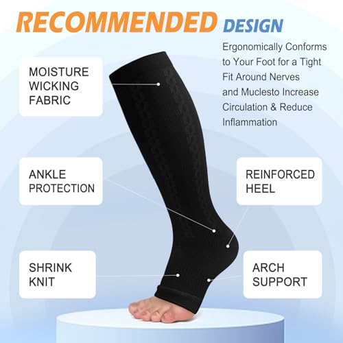 CTHH Toeless Compression Socks for Women & Men Open Toe Knee High Stocking - color: Dark Black, size: Large-X-Large