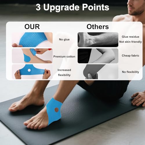 10pcs Precut Kinesiology Tape for Ankle, Elastic Latex-Free Cotton Athletic Tape Strips Waterproof and Breathable Ankle Support Patches for Sports and Training (Blue)