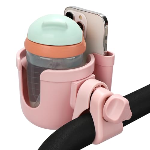 Accmor Stroller Cup Holder with Phone Holder, Bike Cup Holder, Walker Scooter Wheelchair Cup Holder Attachment, Universal Cup Holder for Uppababy Graco Strollers - color: All Light Pink