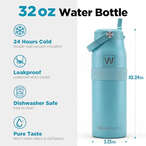 32 oz Insulated Water Bottle with Straw, Leakproof Stainless Steel Bottle with Handle, Non-Slip Silicone Sleeve, Internal Markings, Dishwasher Safe for Travel, Gym, Sports, Mint Blue - color: Mint Blue