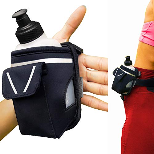 2-in-1 Running Fun: Handheld 12 Oz Water Bottle & Running Belt Add-On. No-Grip Design Straps on Hand & Slides on Belt. Waterproof Pocket for Money, Keys. Maximize Time, Freedom & Health - color: Stylish Black