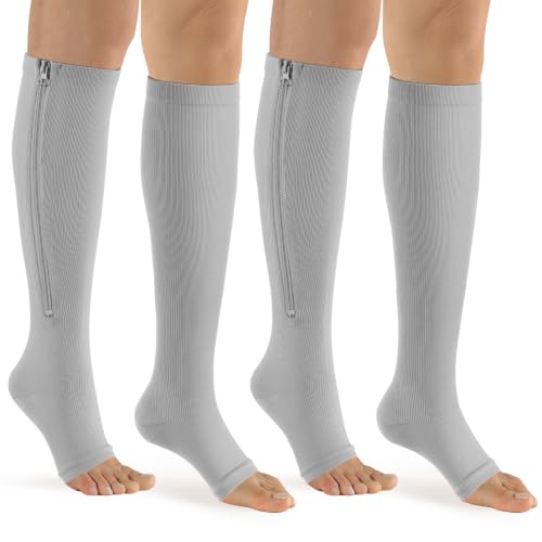bropite Zipper Compression Socks Women & Men - 2Pairs Calf Knee High 15-20mmHg Open Toe Compression Stocking suit for Walking - color: E-gray-open, size: Large-x-large
