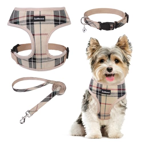 SCENEREAL Small Dog Harness and Leash Set, Plaid Beige, S - color: Beige, size: S: Chest Girth: 14"-18"