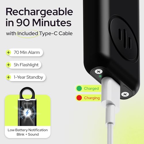 Women Safety Personal Alarm Keychain, 130dB Siren, USB-C, 2 Pack Black - color: F - Black&Black