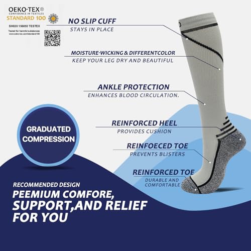 fenglaoda 8 Pairs Compression Socks for Men & Women 20-30 mmHg Knee High Nurse Pregnant Running Medical and Travel Athletic - color: 03-8 pairs-grey/white line, size: Small-Medium