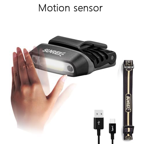 SUNREI Rechargeable Motion Sensor Clip on Hat Light with 150 Lumen & 600 mAh Headlamp, Rotatable Headlamp Flashlight for Fishing Camping Running Hand Work, Include Headband (Gary) - size: H150-gary