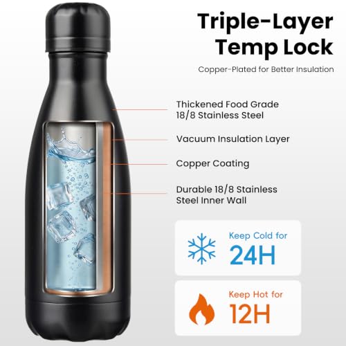 Konokyo 12 oz Insulated Stainless Steel Water Bottle, Midnight Black - color: Midnight Black, size: 12 Ounces