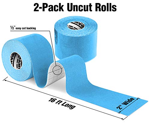Hampton Adams | As Seen on Shark Tank | Elastic Kinesiology Tape (2-Pack) | Uncut Athletic Tape Supports & Protects Muscles Knees Shoulders & Plantar Fasciitis | Waterproof Hypoallergenic (Sky Blue) - color: Blue, size: 2in x 16ft (2 Rolls)