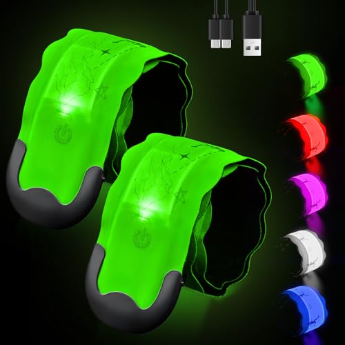 Fitense Rechargeable LED Armband 2-Pack, High Visibility Running Gear for Night Safety, 5 Colors & 3 Modes Light Up Wristbands for Night Walking, Cycling, Gift for Women Men Kids - style: Wave