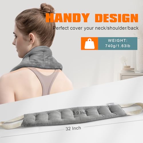 uncn Heating Pad for Neck Shoulders and Back Microwavable Wrap Weighted Neck Warmer 32x5in Microwave Heat Wrap Rice Beanbag Lavender Scented 1.5Pounds - color: Gray