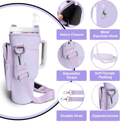 Water Bottle Carrier Bag for Stanley Cup 40/30oz, Neoprene Water Bottle Holder Pouch with 3 Pocket Adjustable Shoulder & Hand Strap - color: Rose Red