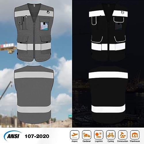 TCCFCCT Mesh Reflective Safety Vest 9 Pockets High Visibility, Grey XXL - color: Grey-bison 03, size: XX-Large