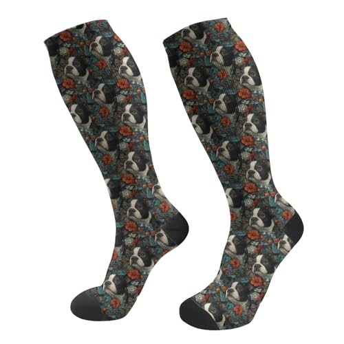FREEHOTU Compression Knee High Socks for Women/Men Circulation 15-20 Mmhg - color: Boston Terrier Floral