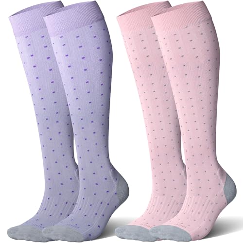 LEVSOX Thicker Bamboo Viscose Compression Socks 20-30 mmHg Cushioned - color: Pink Purple Polka Dot, size: Large