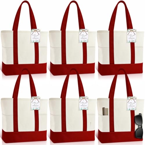 Shinylin Mini Canvas Tote Bags with 2 Pockets - color: Red and Beige