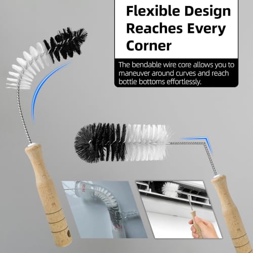 2 Pcs Bottle Brushes Set with Wooden Handle, Long Thin Flexible Cleaner - size: 14.8" standard