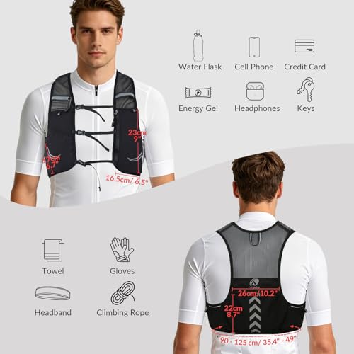 Hydration Running Vest with 2pcs 500ml/17oz Water Bottles, M/L - color: Black, size: L: 35.4" - 49.2"