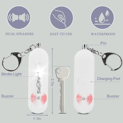 Personal Safety Alarm - Waterproof Rechargeable Security Alarm - 140dB Extra Loud Siren & Strobe Light - Self Defense Keychain - Gift for Women, Teenagers, College Girls, Seniors (White) - color: New White