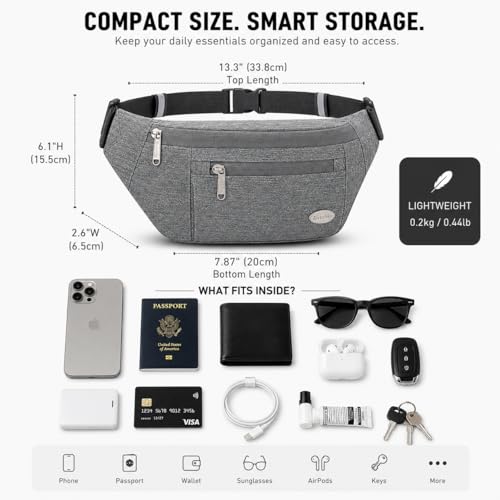 Entchin Water-Resistant Fanny Pack, 4-Zipper Belt Bag - color: Grey