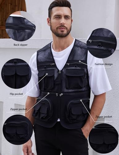 Gihuo Men's Fishing Vest Utility Safari Travel Vests with Multi Pockets - color: Black-mesh, size: Large