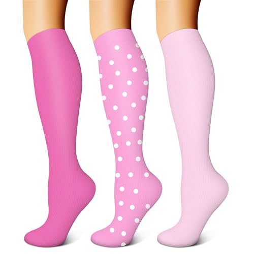 FEYHAY Copper Compression Socks (3 Pairs) 15-20 mmHg Circulation is Best Athletic & Daily for Men & Women, Running, Climbing - color: 20 Pink Dots, size: Small-Medium