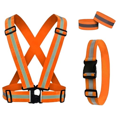Reflective Running Gear Reflective Vest & Reflective Armband & Reflective Belt 3 Pcs Set, High Visibility Reflective Gear Night Cycling Walking Safety Vest Straps for Men Women Kids - color: Orange
