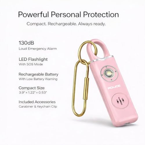 Police Personal Safety Alarm 130dB Rechargeable Emergency Self Defense Keychain with LED Flashlight & SOS for Women, Men, Kids & Seniors, Pink