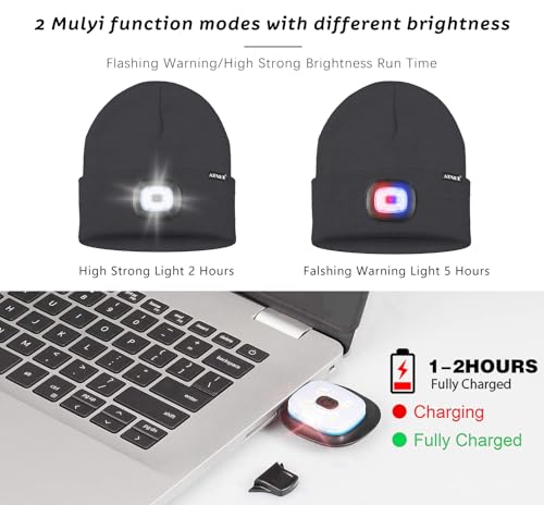 ATNKE LED Lighted Beanie Hat,USB Rechargeable 4 LED Red and Blue Flashing Running Headlamp Cap Gifts for Men and Women - color: #Gun Gray