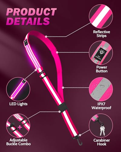 Fitense LED Reflective Belt Sash - 5 Lights Colors & 3 Light Modes High Visibility Night Safety Belt, Rechargeable Light Up Running Gear Adjustable Vest Straps for Runners Walkers Men Women - color: Pink, style: Classic