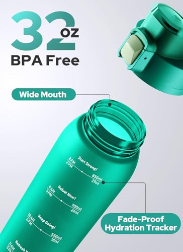 Opard Zip 32oz Plastic Water Bottle Dishwasher Safe, Leakproof Flip-Top Lid, BPA Free Tritan, Wide Mouth Reusable Sports Water Bottle for Gym Hiking Commuting Outdoor Travel and School - color: Louise Turquoise, style: 32 Ounces