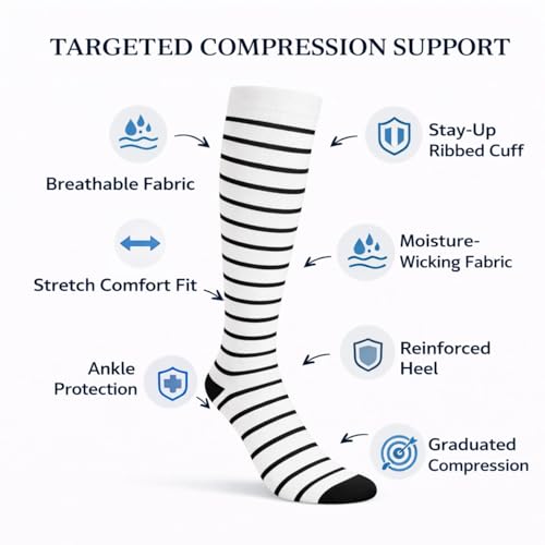 Diamond Star 6 Pairs Compression Socks for Men & Women, Knee High Socks - color: 6 Pairs (White/Black)