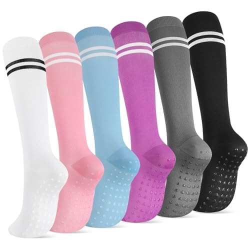 Jspupifip 6 Pairs Compression Socks with Grips for Running Yoga - color: Black White Gray Pink Purple Blue, size: Small-Medium