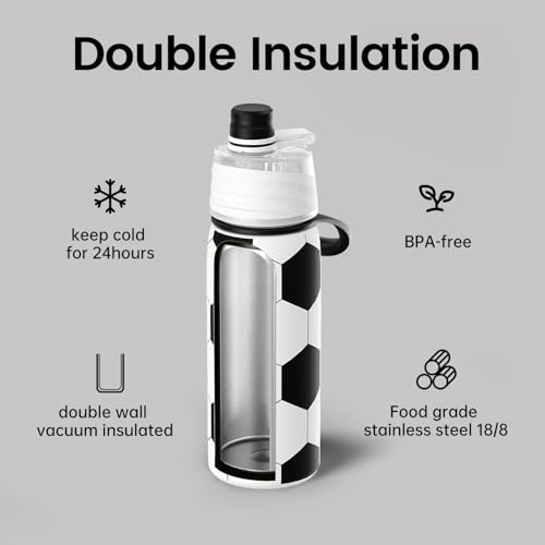 Soccer Water Bottle - 20oz Insulated Misting Water Bottles Stainless Steel 3D Textured - Soccer Accessories Gift for Kids - color: Soccer